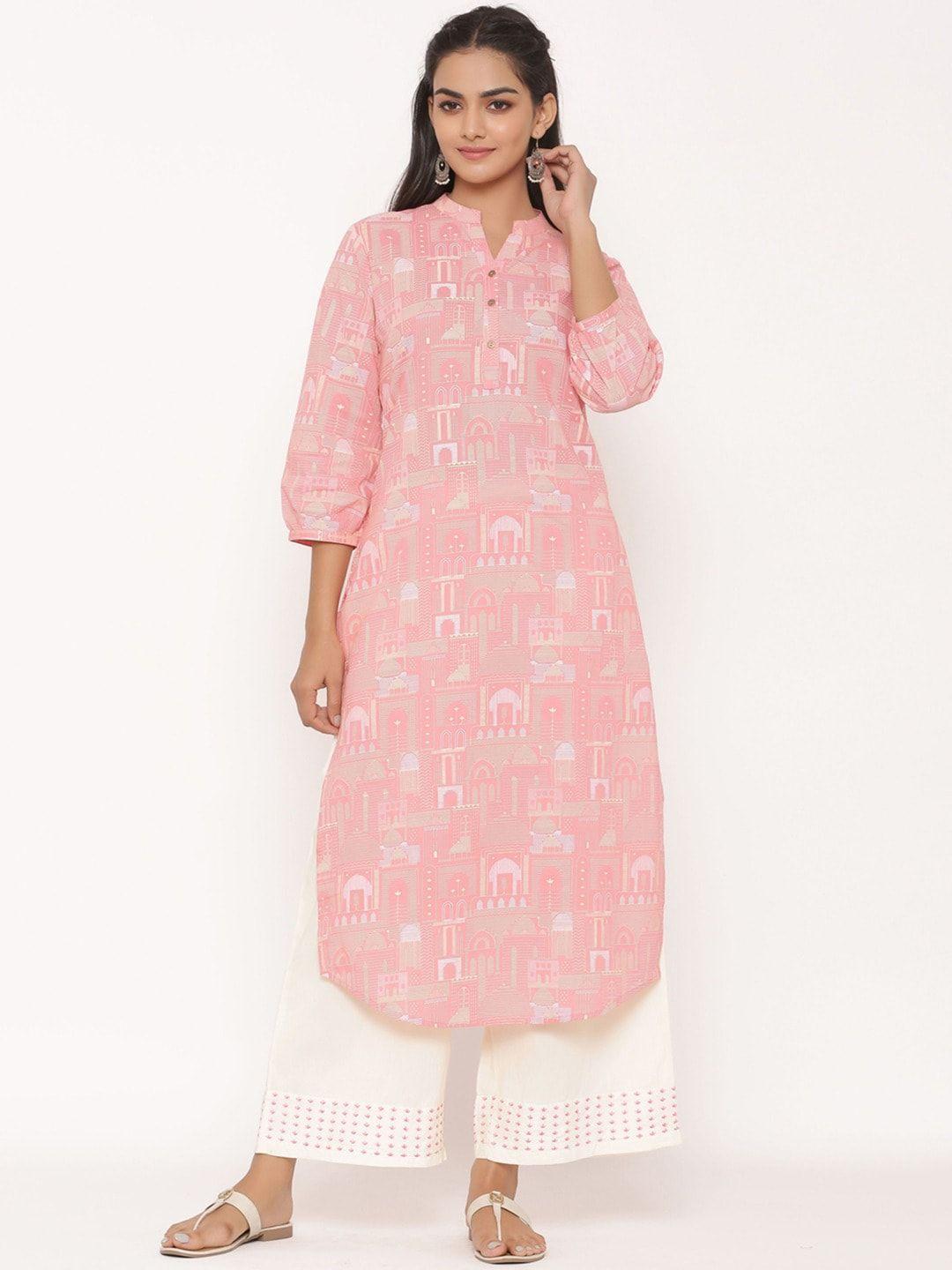 fabglobal women pink printed pure cotton kurti with palazzos