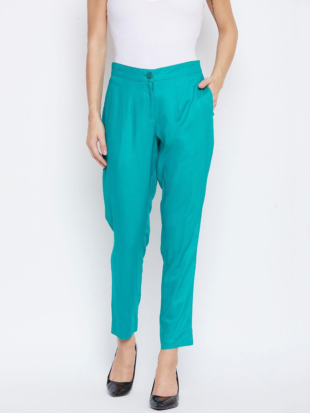 fabglobal women teal green relaxed slim fit solid regular trousers