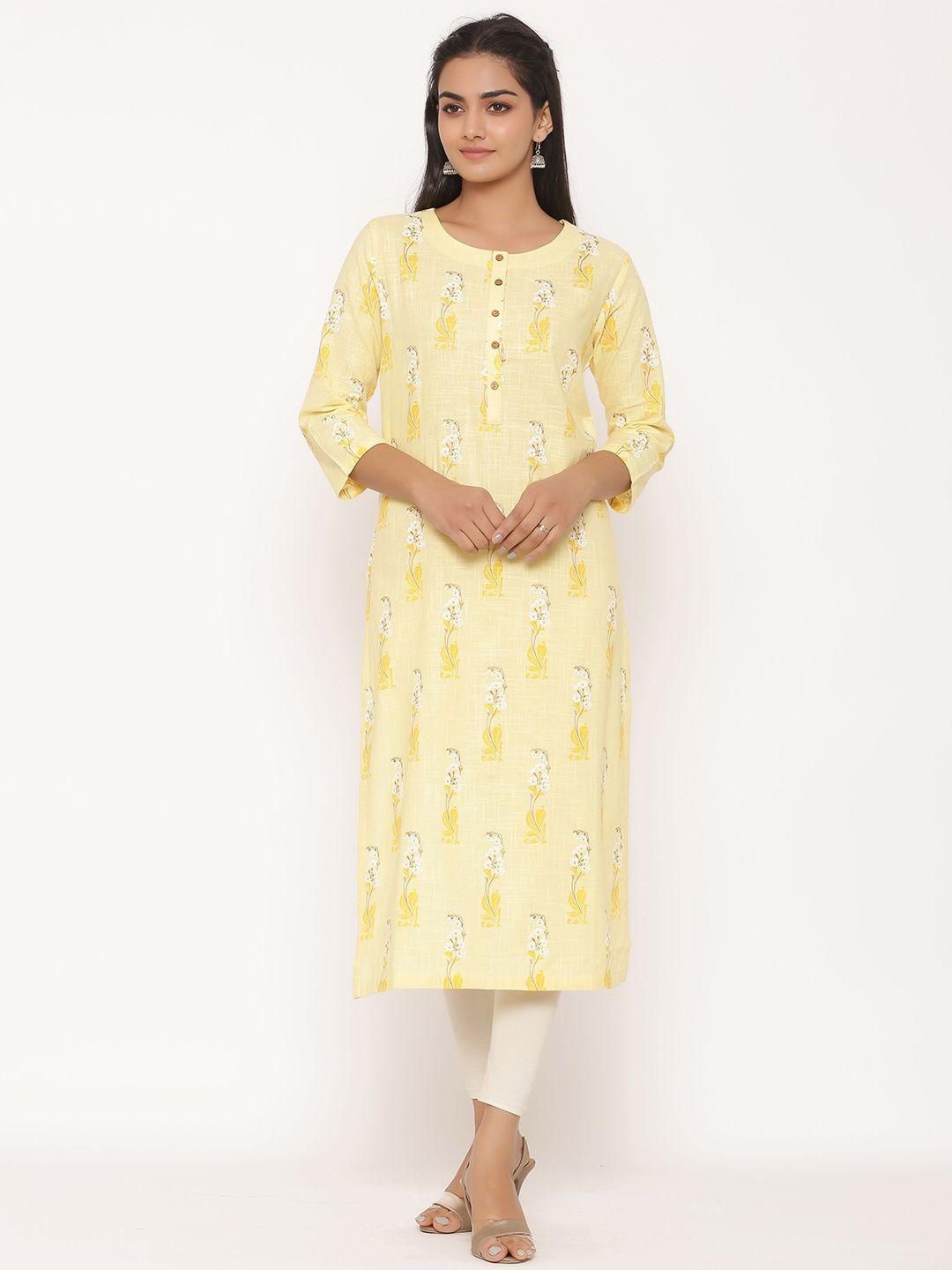 fabglobal women yellow & white printed straight kurta