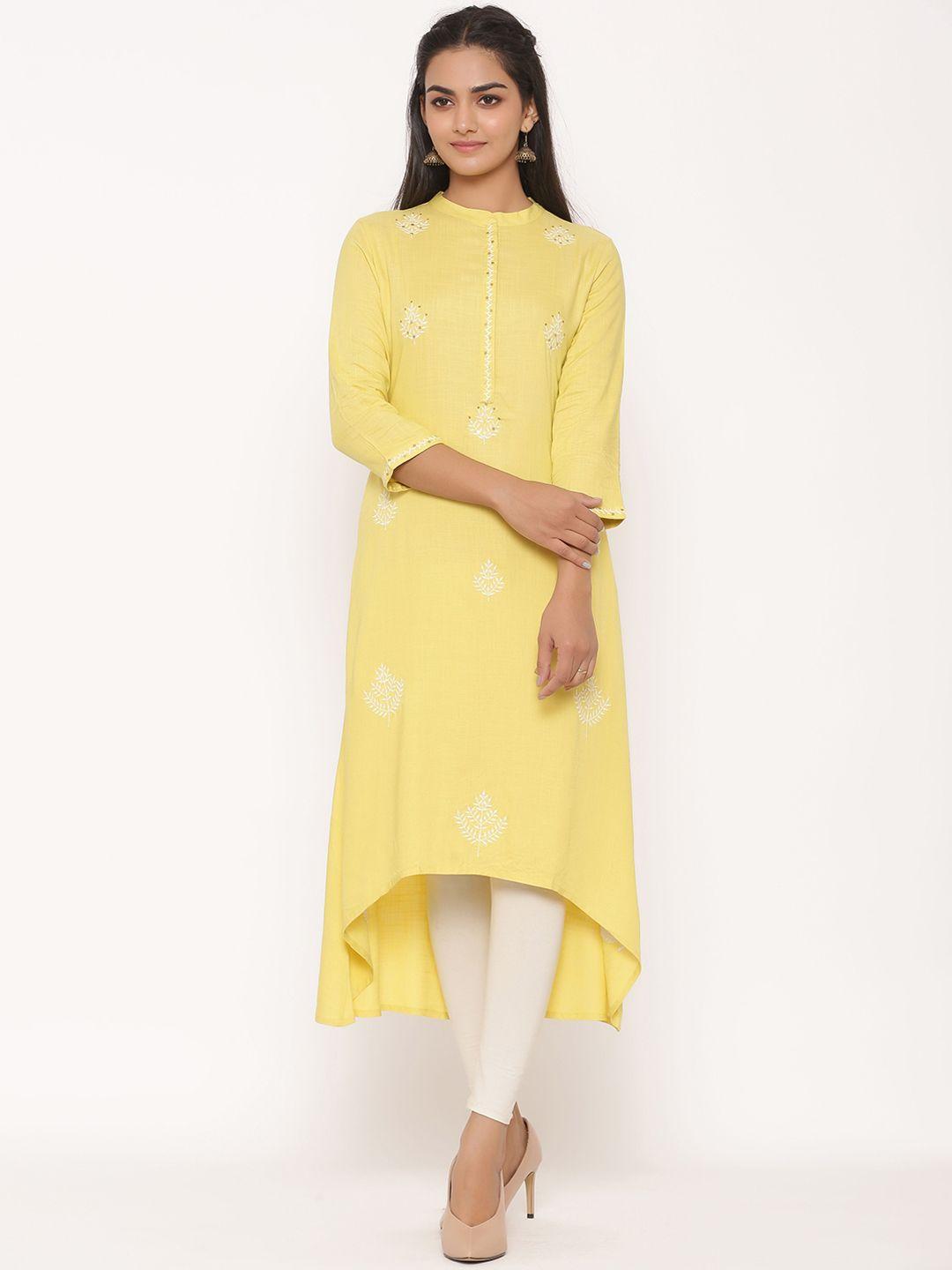 fabglobal women yellow embroidered a-line kurta