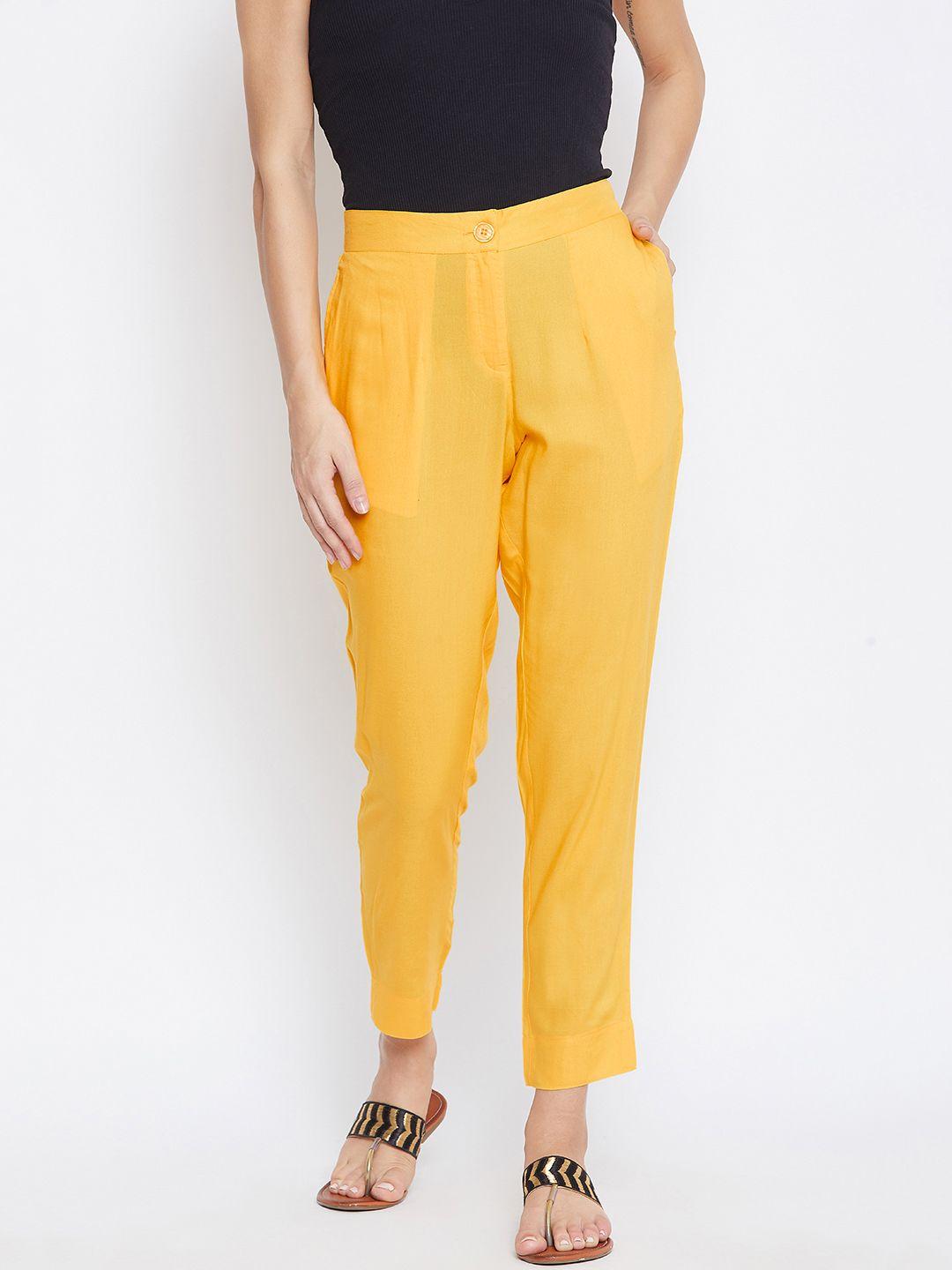 fabglobal women yellow relaxed slim fit solid regular trousers