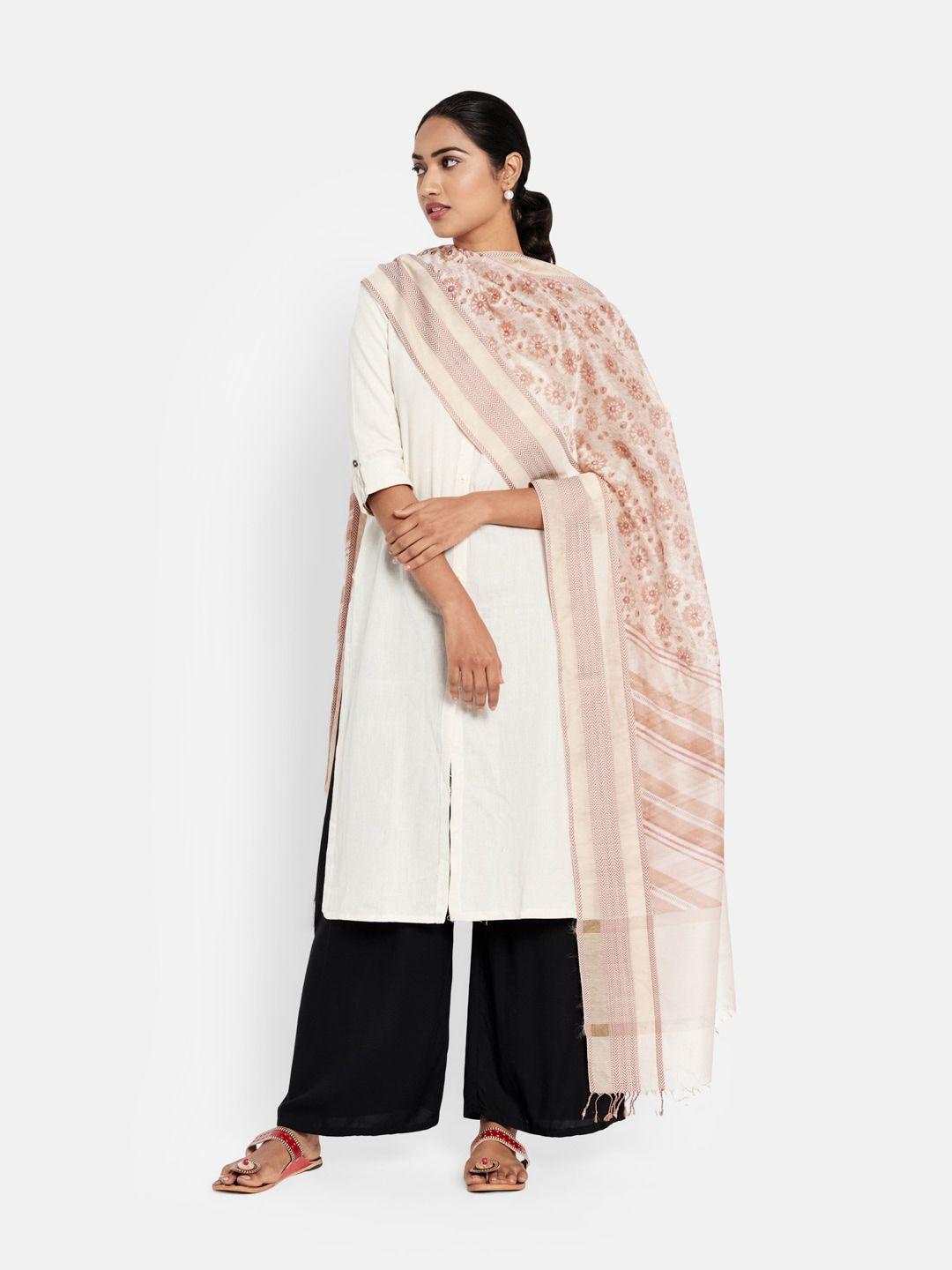 fabindia beige & peach-coloured printed cotton silk block print dupatta with zari