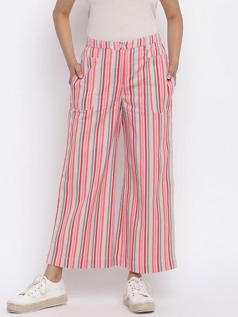 fabindia beige & pink cotton striped pants