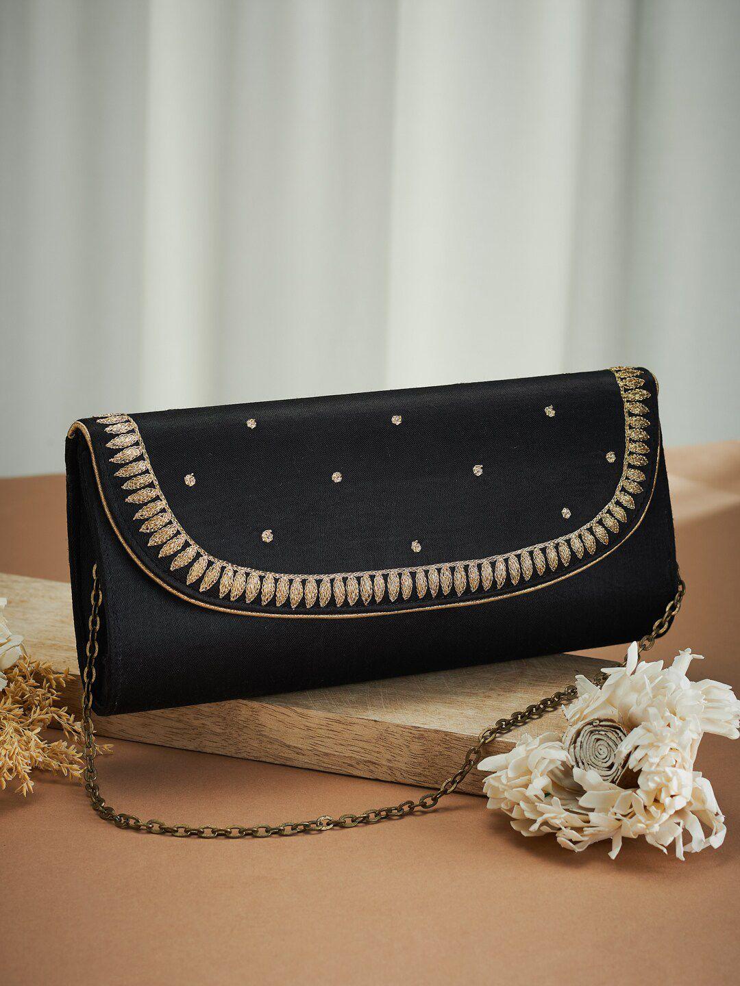 fabindia black & gold-toned embroidered embroidered envelope clutch