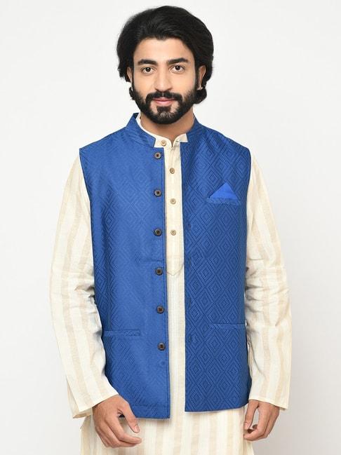 fabindia blue comfort fit self pattern nehru jacket