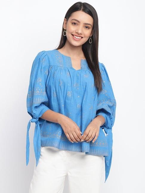 fabindia blue cotton linen printed top