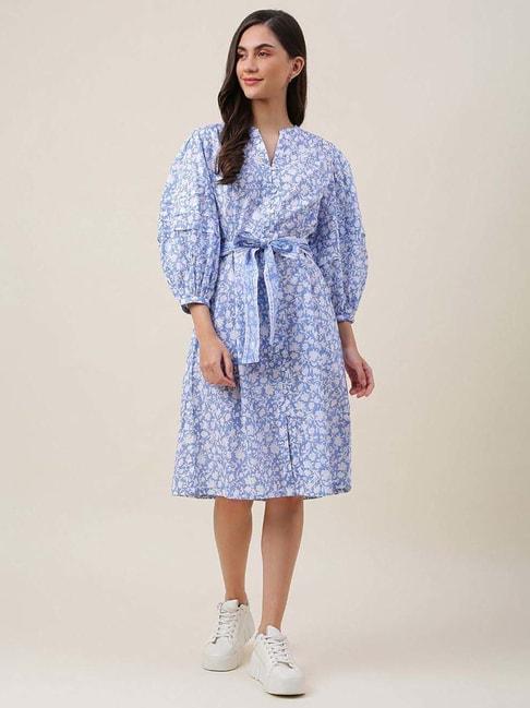 fabindia blue cotton printed a-line dress