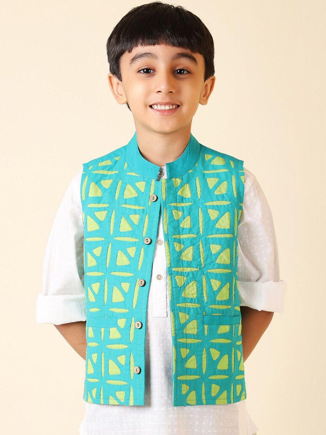 fabindia boys cotton open front jacket with patchwork
