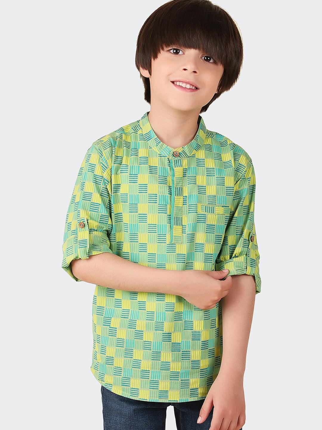 fabindia boys geometric printed mandarin collar roll up sleeves pure cotton short kurta