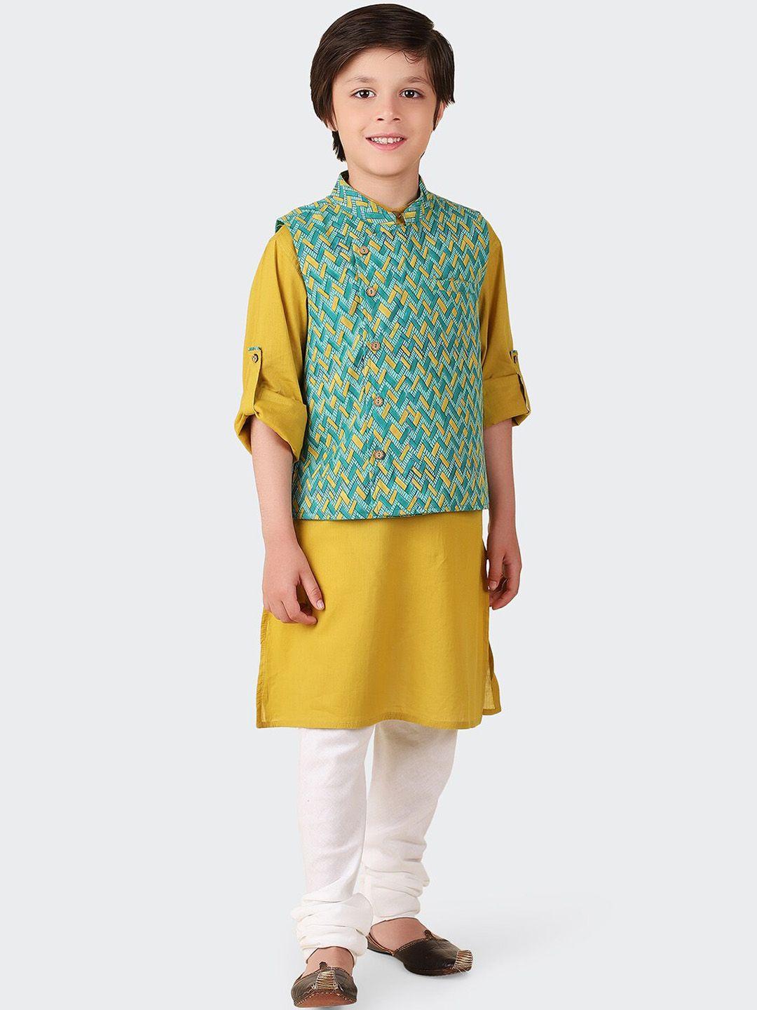 fabindia boys mandarin collar roll up sleeves pure cotton kurta with printed nehru jacket