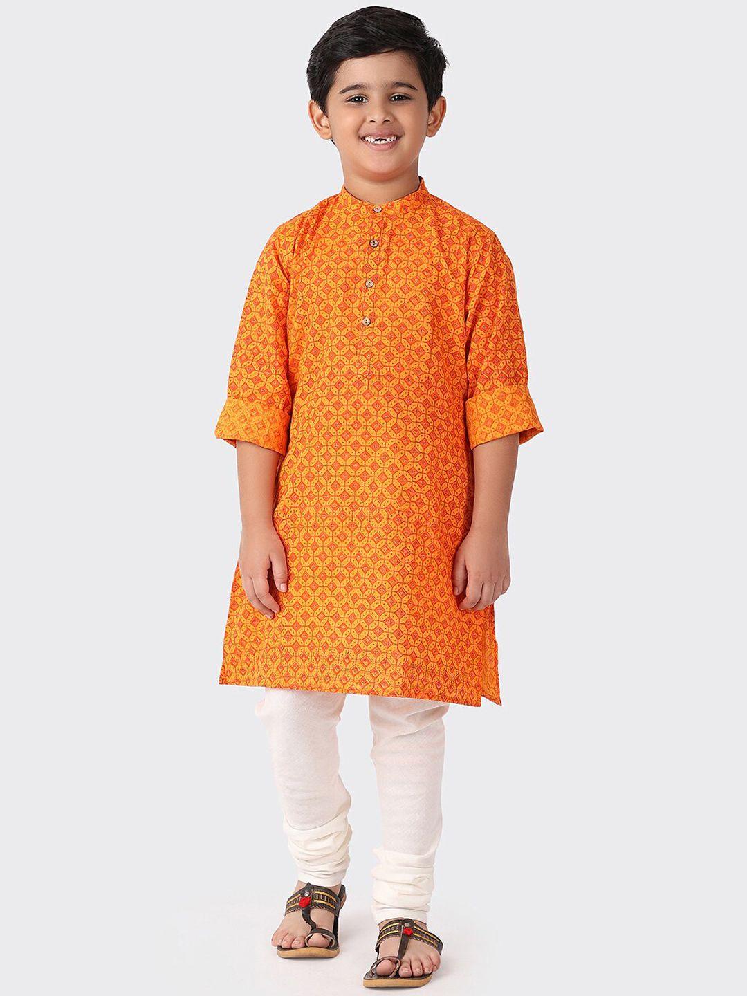 fabindia boys orange & yellow ethnic motifs printed cotton kurta