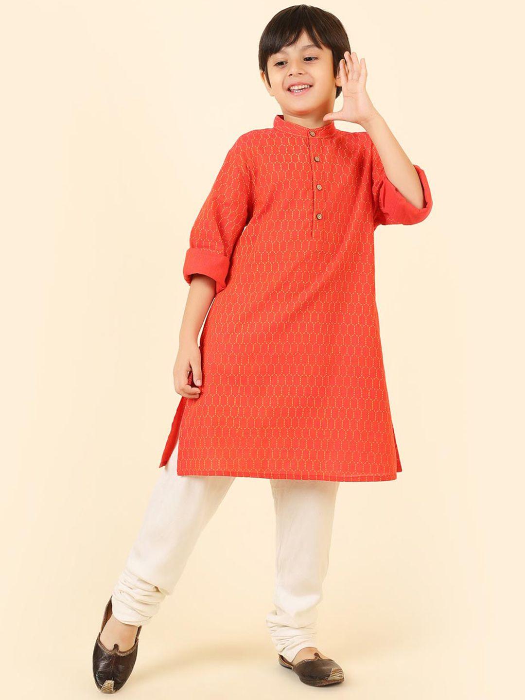 fabindia boys orange geometric printed cotton kurta