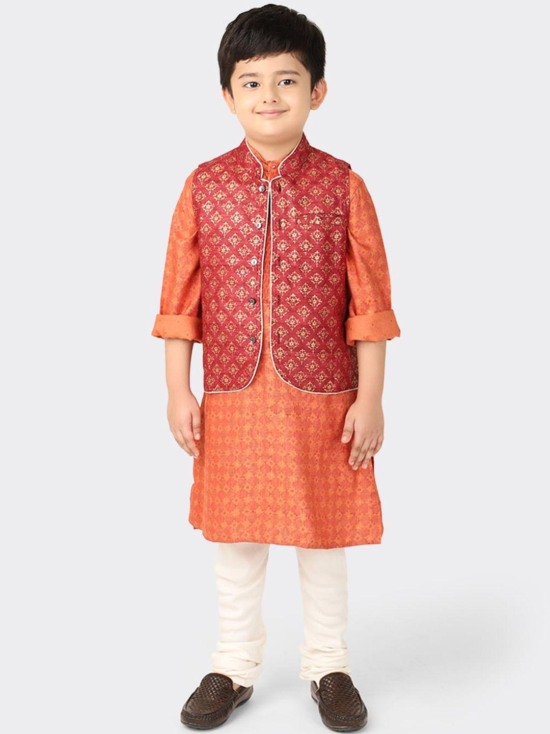 fabindia boys red & gold toned printed pure silk nehru jacket