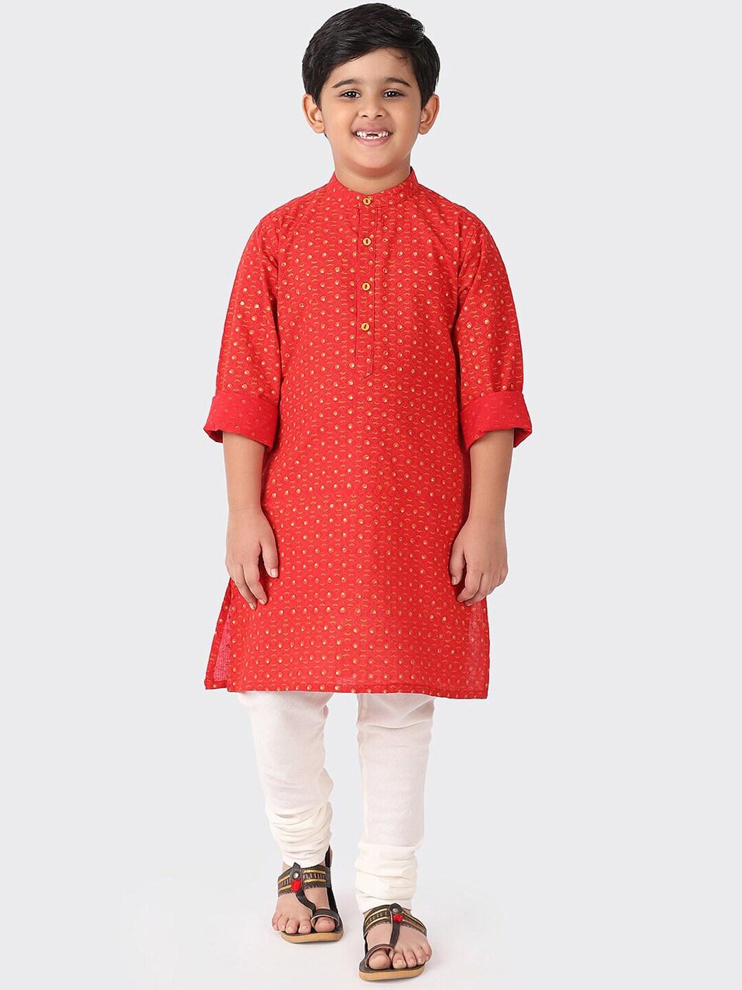 fabindia boys red ethnic motifs printed cotton kurta