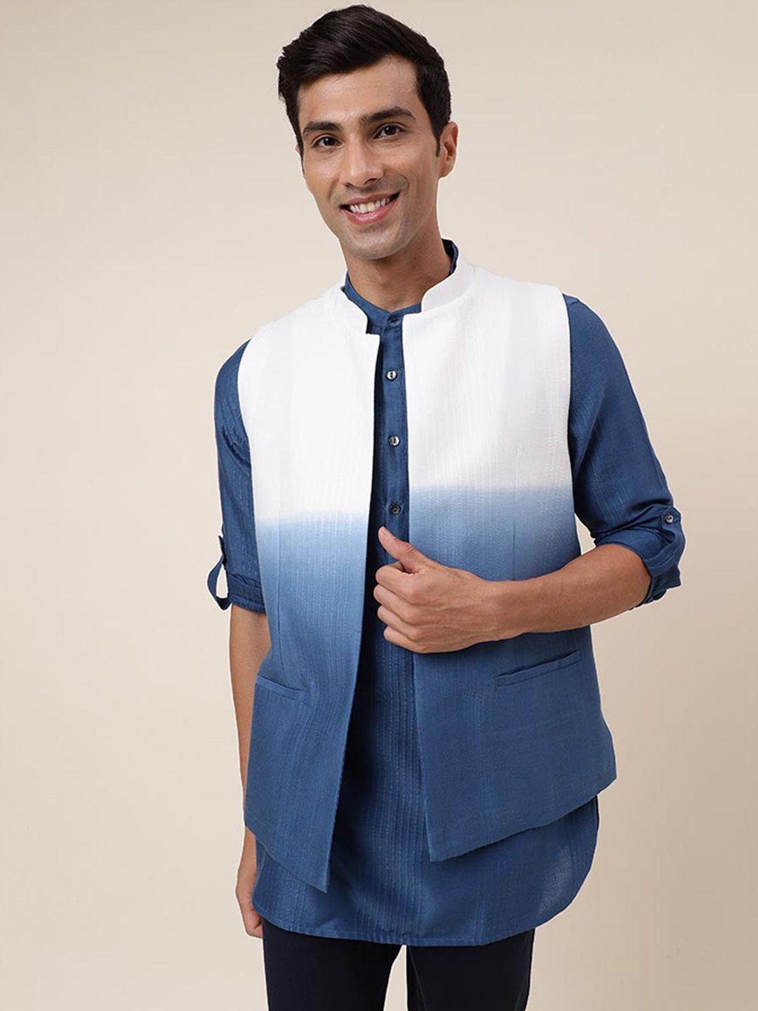 fabindia colourblocked mandarin collar cotton pathani kurta with nehru jacket