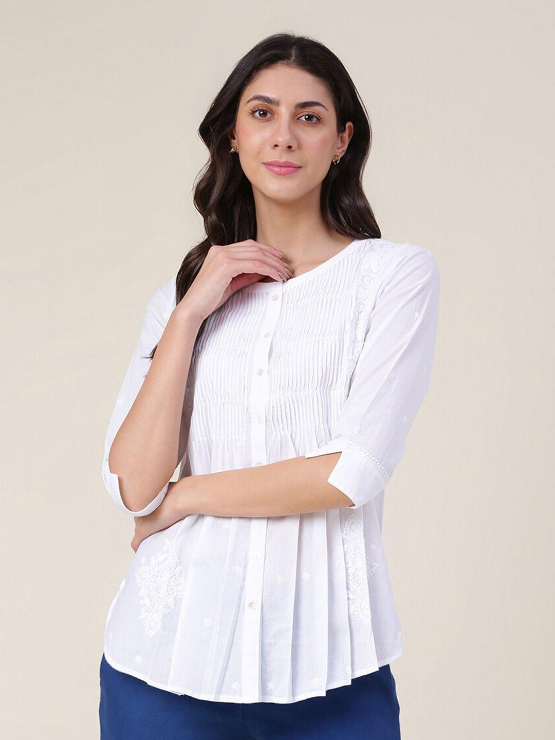 fabindia ethnic embroidered pleated detailed pure cotton a-line top
