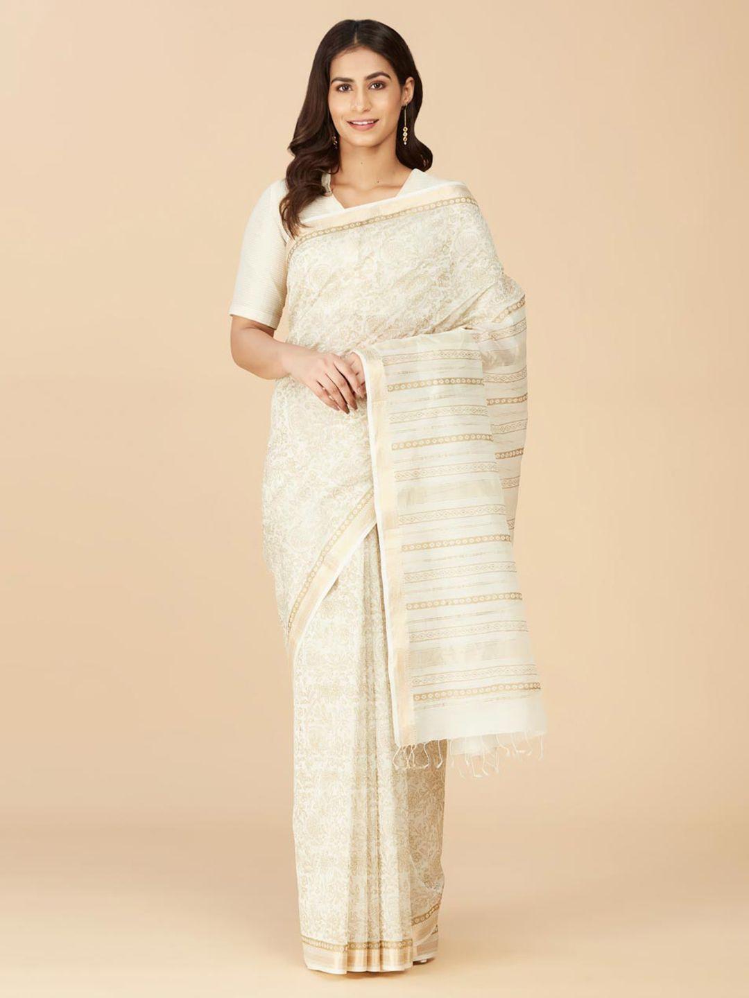 fabindia ethnic motifs printed zari silk cotton saree