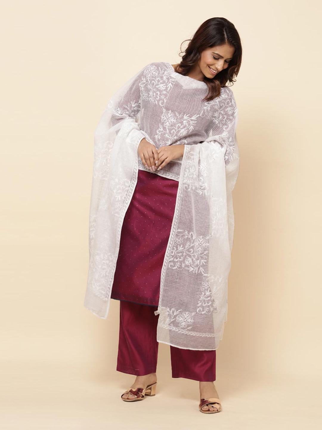 fabindia floral embroidered chikankari sheer cotton silk dupatta