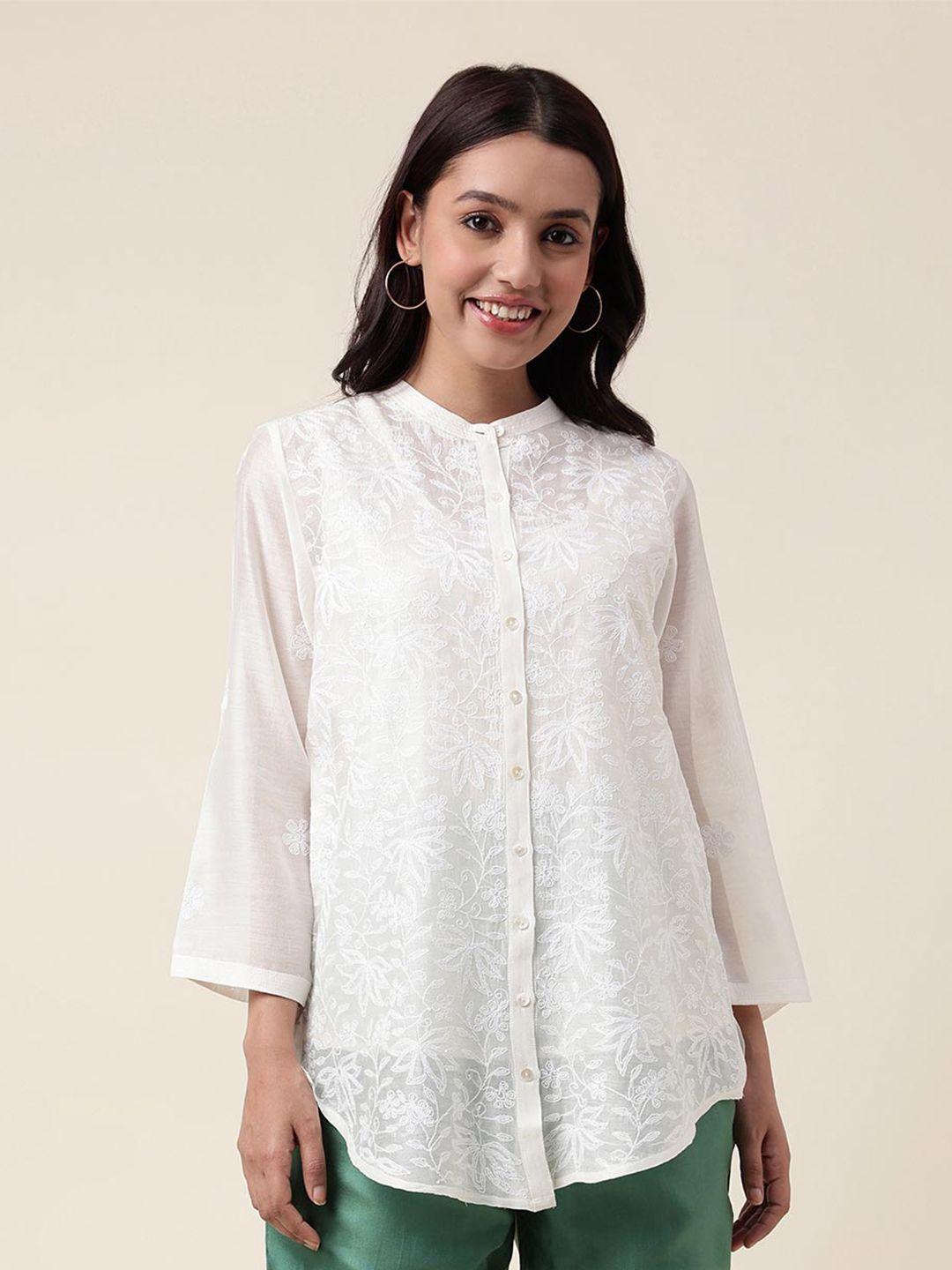 fabindia floral embroidered cotton mandarin collar shirt style top