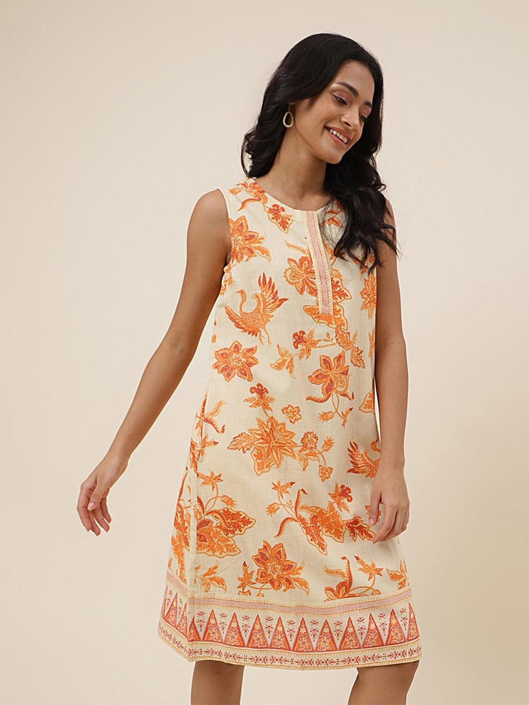 fabindia floral printed v-neck sleeveless cotton a-line dress