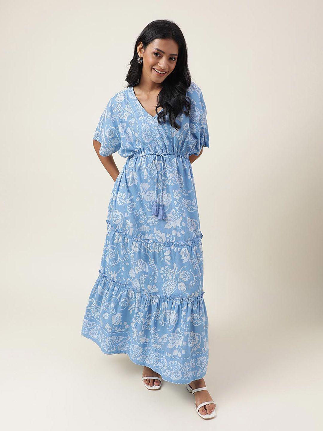 fabindia floral printed v-neck tiered cotton maxi dress