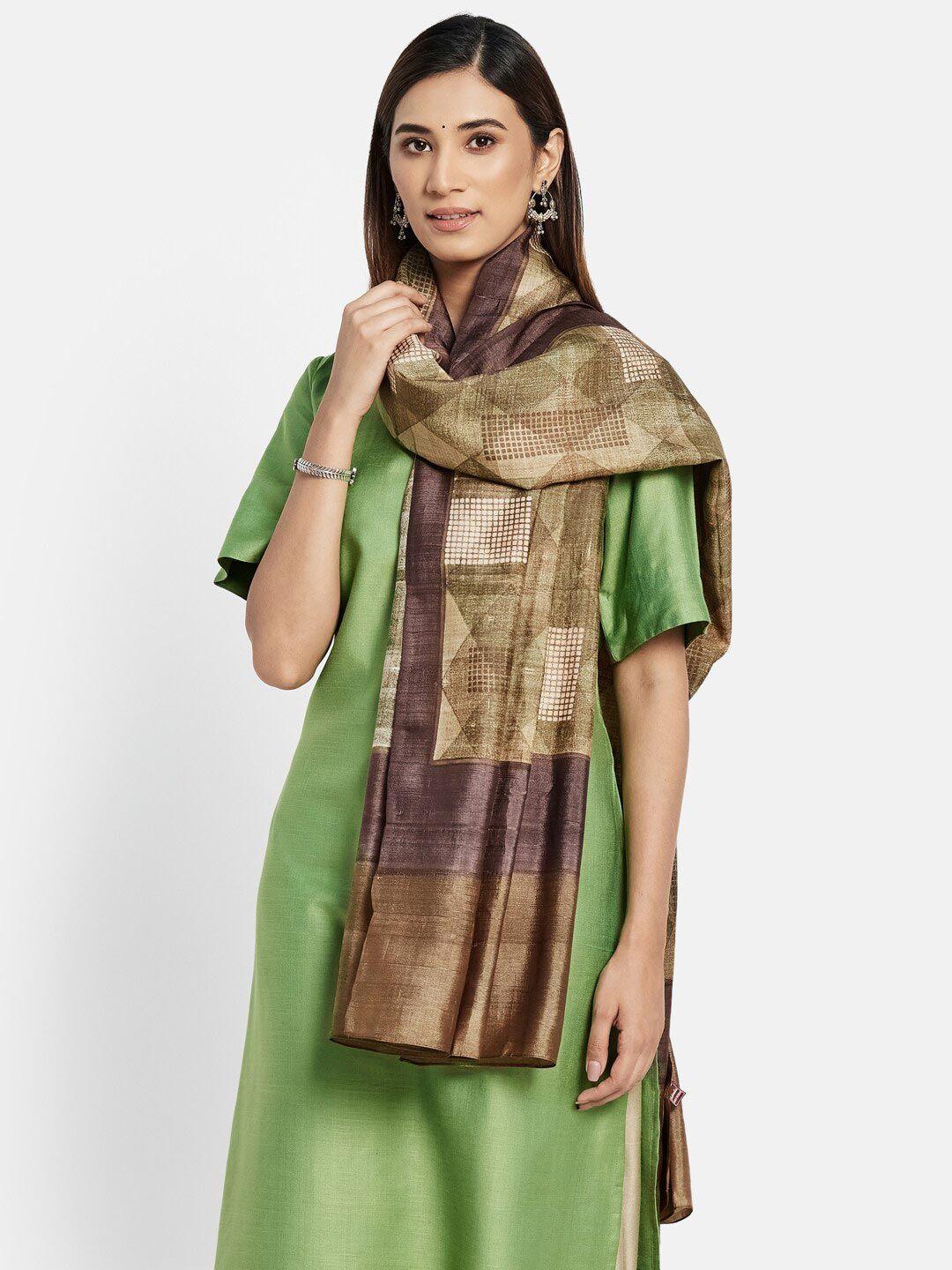 fabindia green & brown printed pure silk dupatta