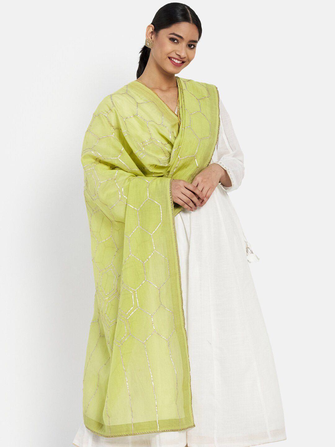 fabindia green & gold-toned embroidered cotton silk dupatta