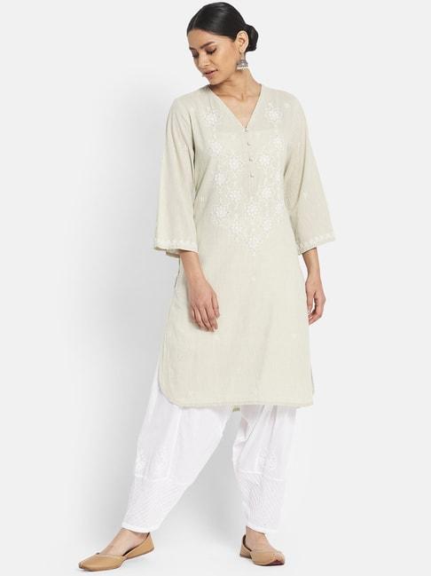 fabindia green & white embroidered kurta salwar set