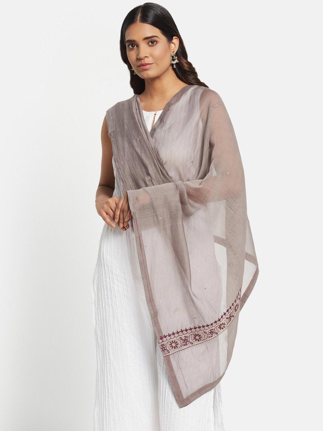 fabindia grey & purple embroidered cotton silk dupatta