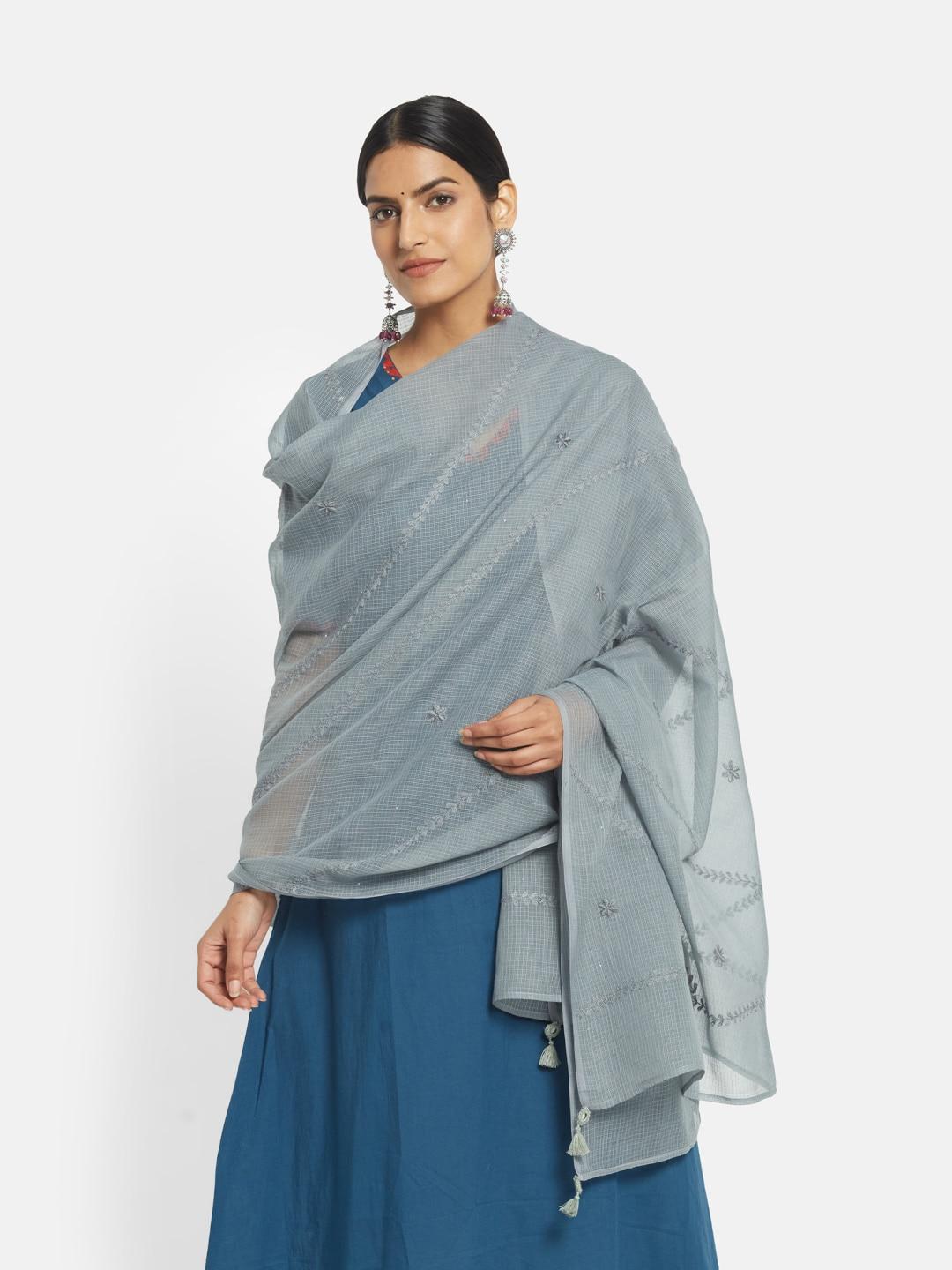 fabindia grey embroidered cotton silk dupatta with thread work