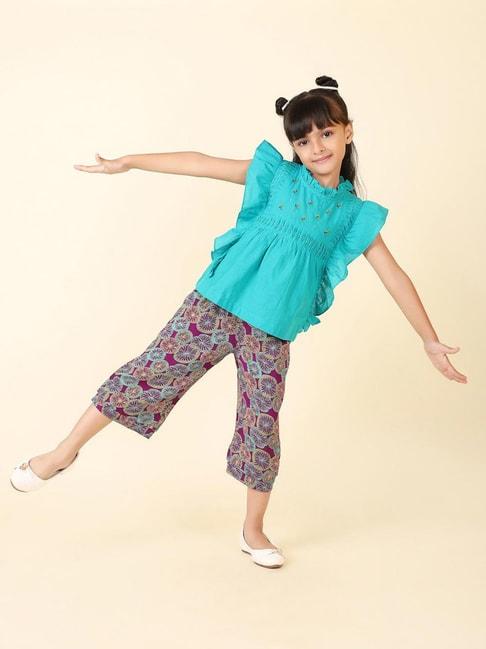 fabindia kids blue printed top with culottes