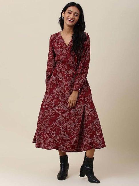 fabindia maroon floral print a-line dress