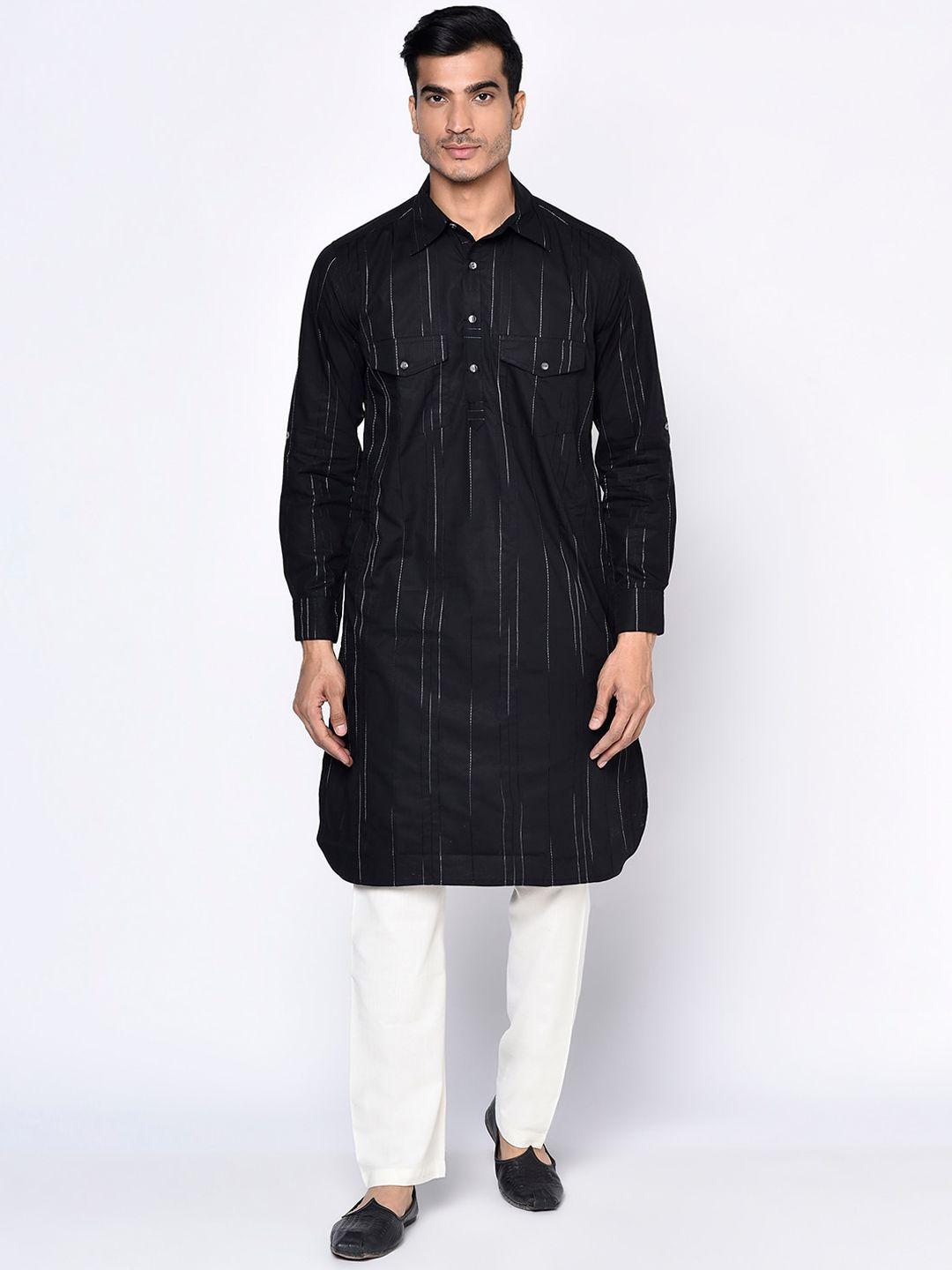 fabindia men black striped pathani cotton kurta