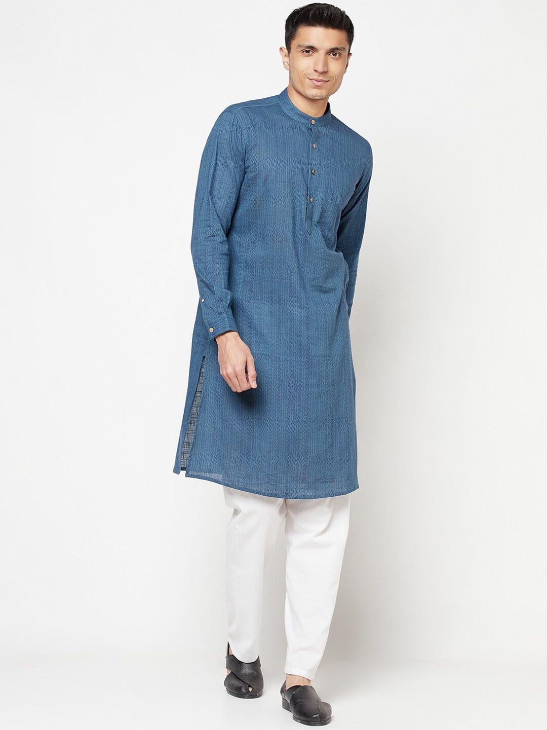 fabindia men blue printed cotton kurta