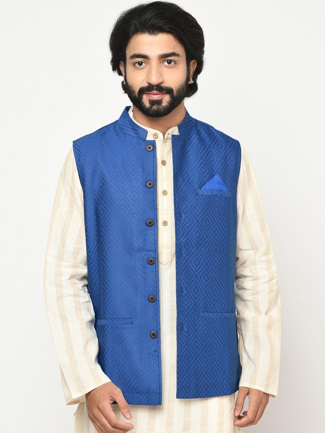 fabindia men blue woven design nehru jacket