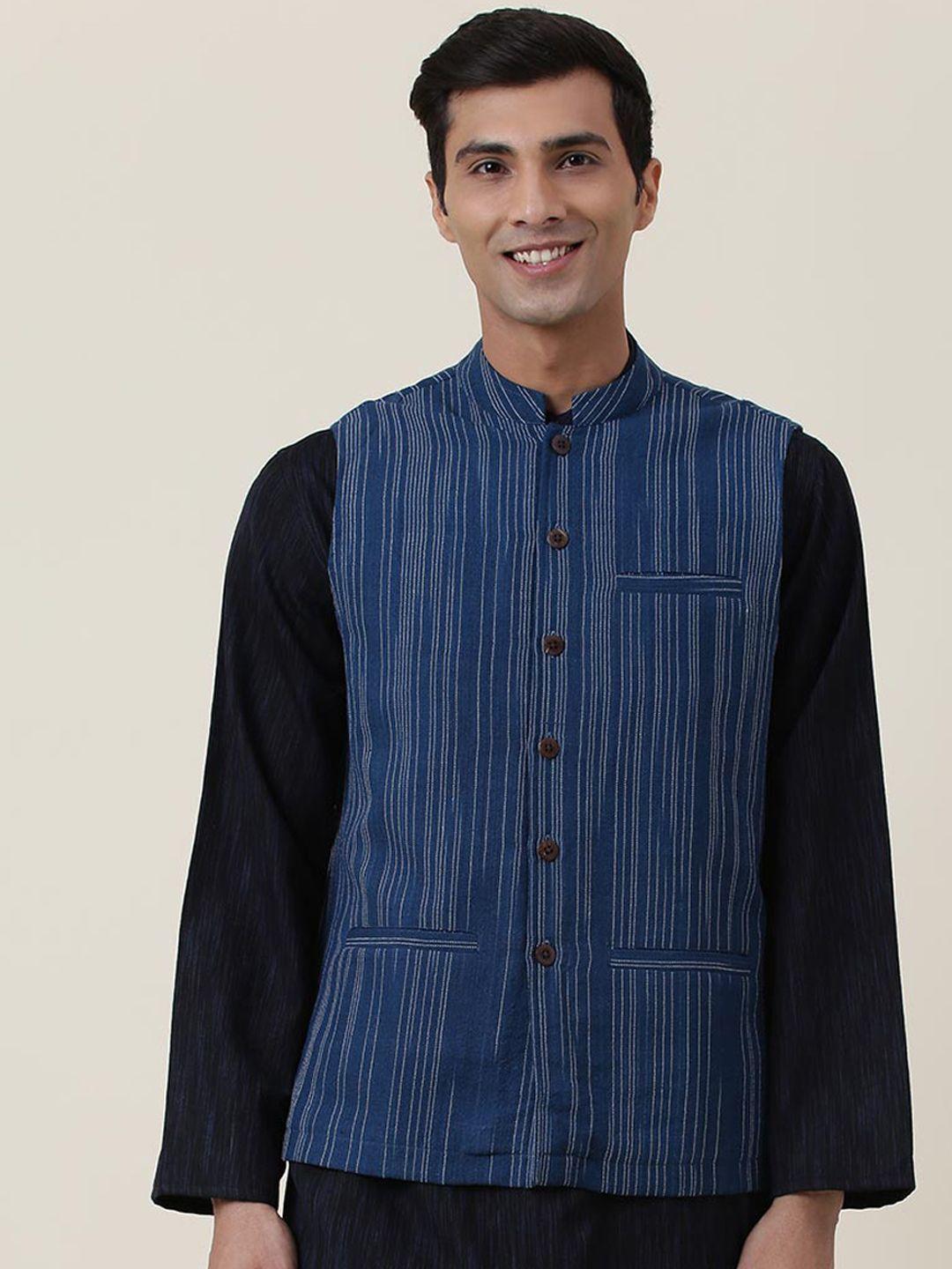 fabindia men blue woven design nehru jackets
