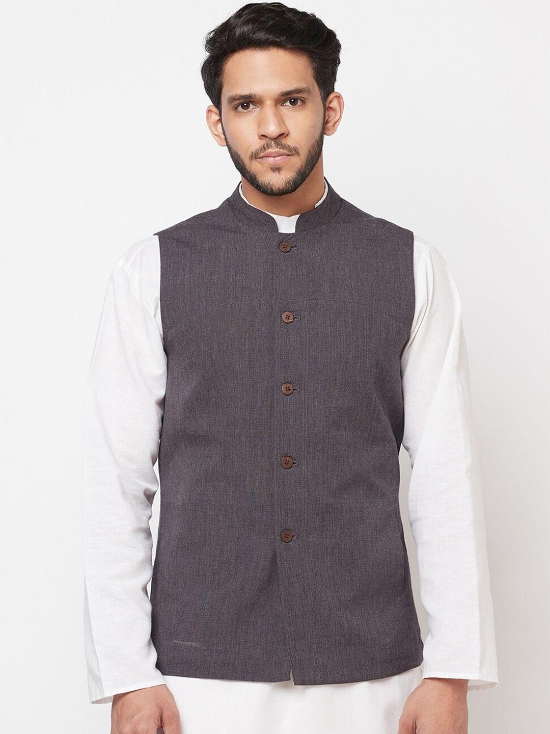 fabindia-men-charcoal-grey-pure-cotton-slim-fit-nehru-jacket