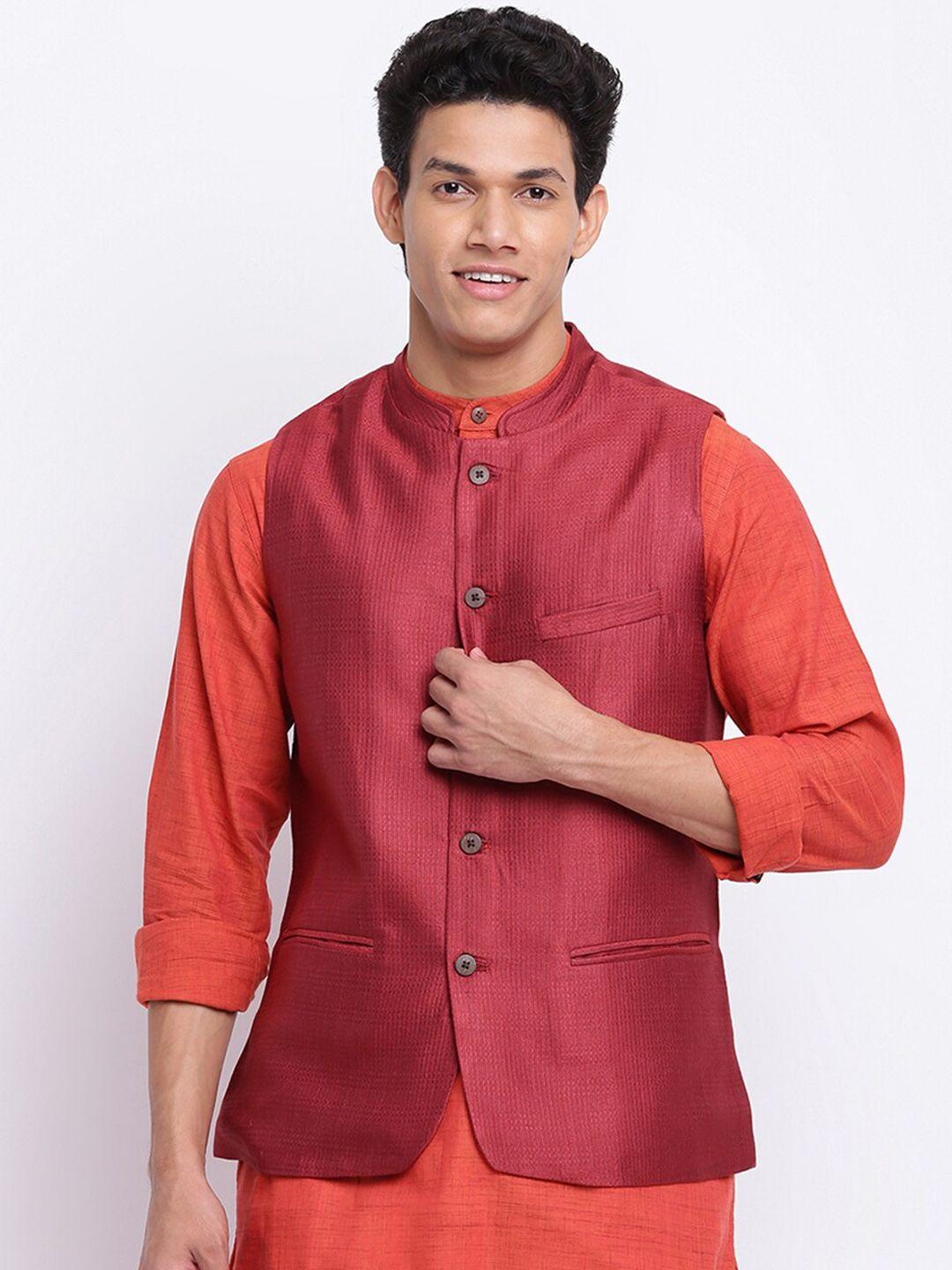 fabindia men maroon woven-design nehru jacket