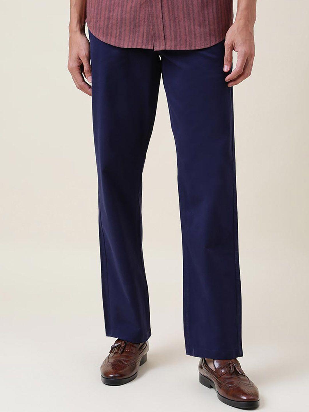 fabindia men navy blue comfort cotton regular fit trouser
