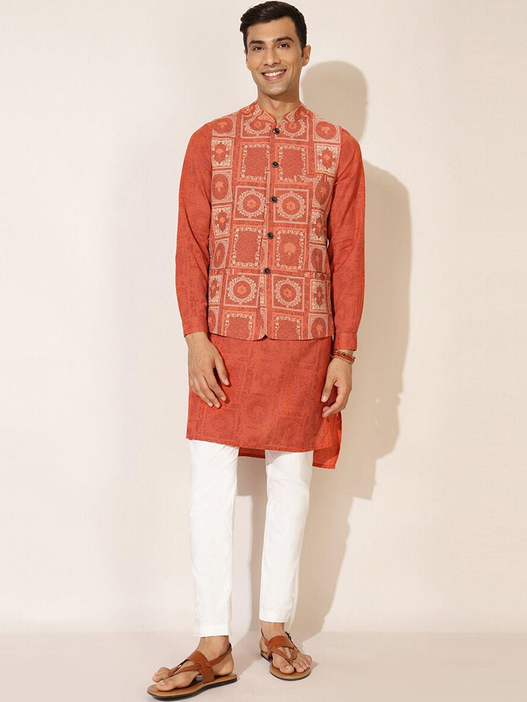 fabindia men orange ethnic motifs printed pure cotton kurta with pyjamas