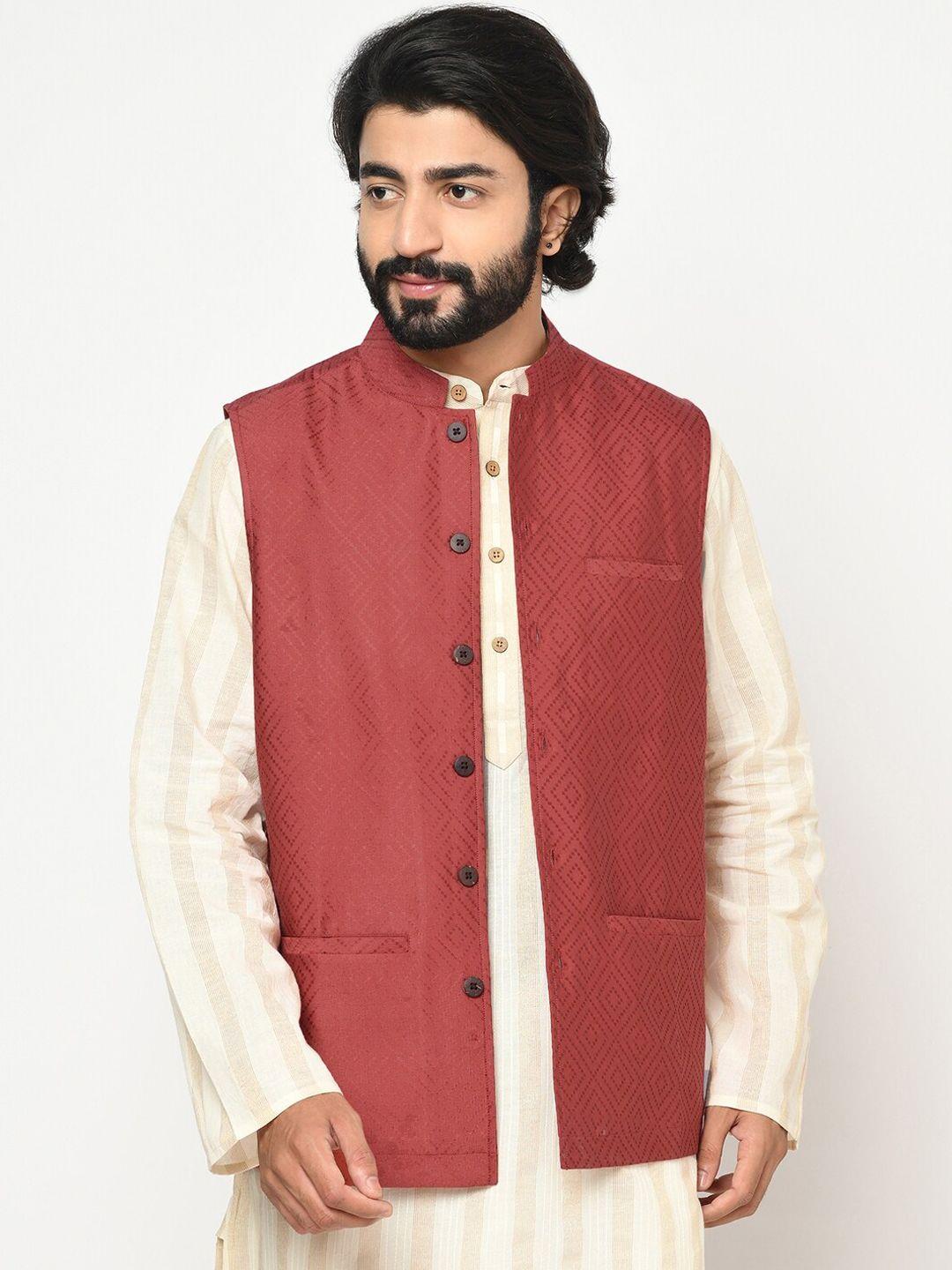 fabindia men red woven-design nehru jacket