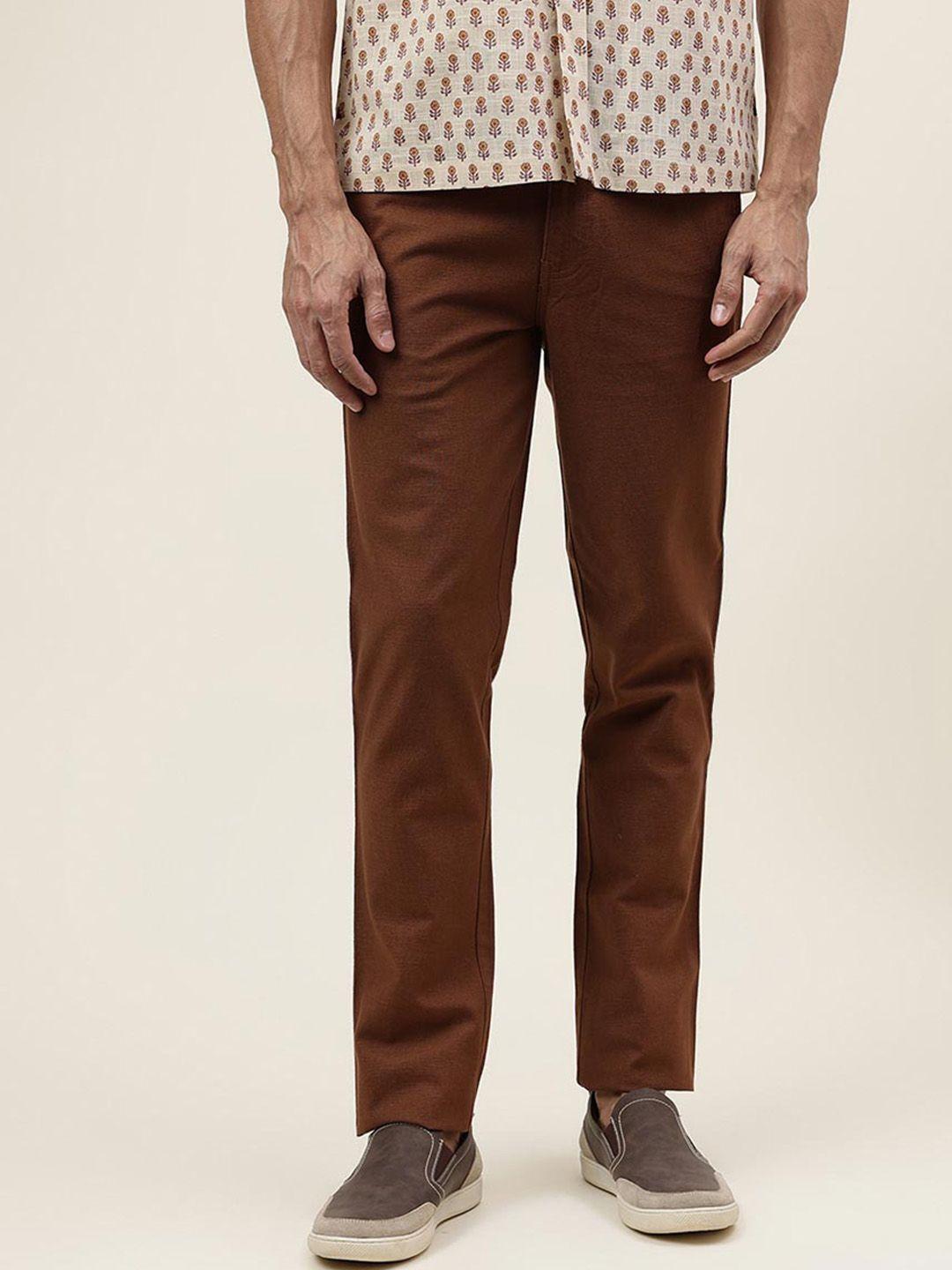 fabindia men slim fit mid-rise cotton regular trousers