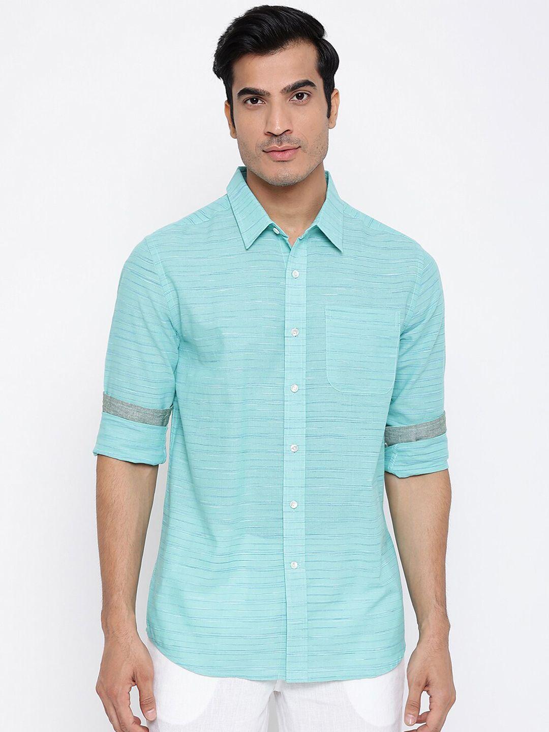 fabindia men turquoise blue horizontal stripes striped casual shirt