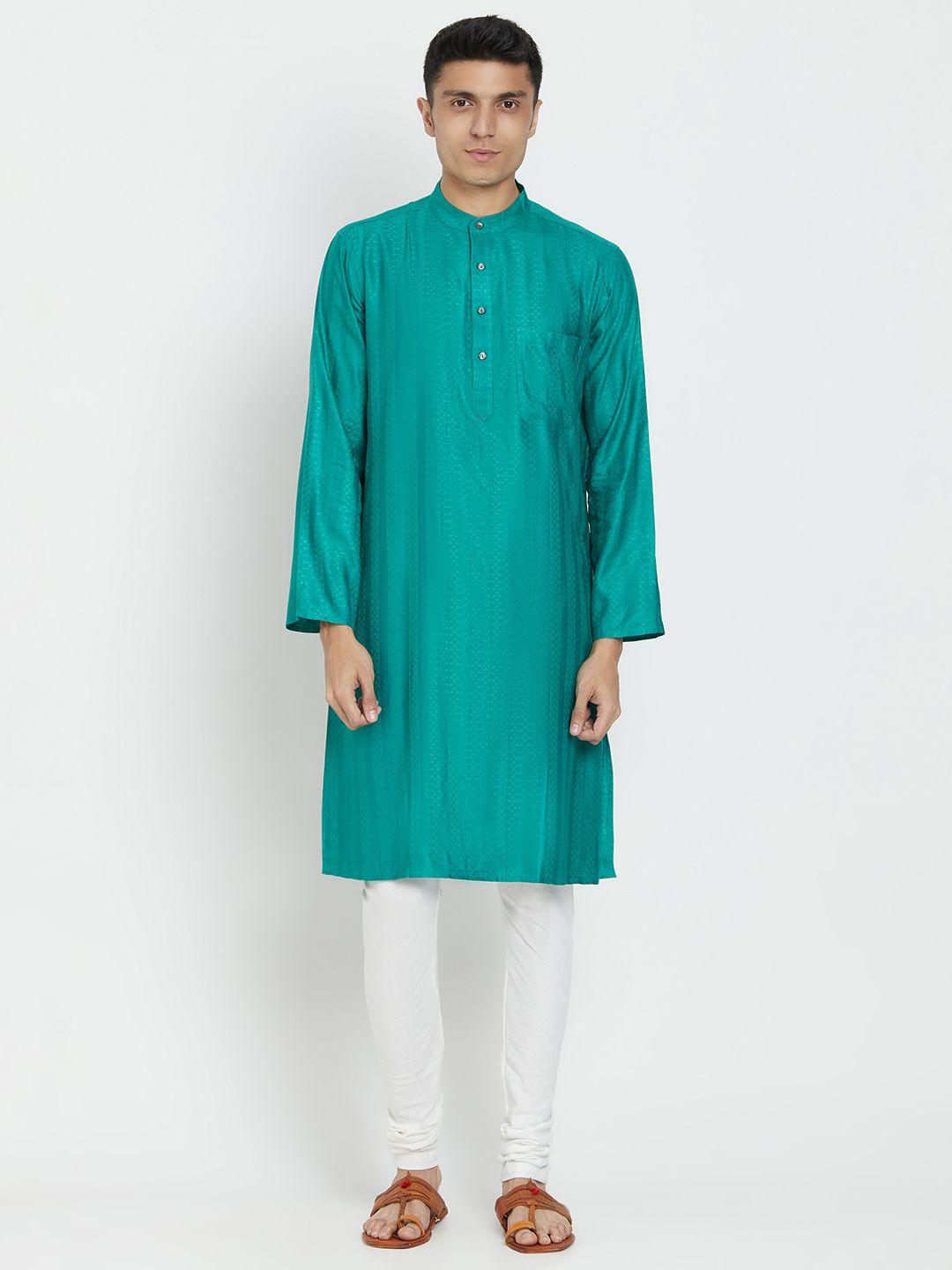 fabindia men turquoise blue woven design straight kurta
