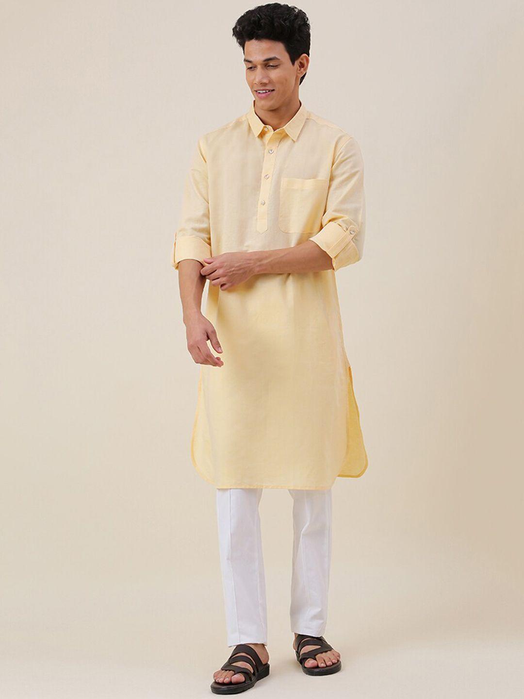 fabindia men yellow pathani linen kurta