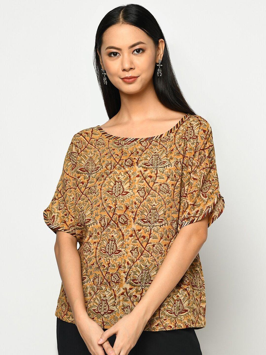 fabindia mustard yellow floral extended sleeves regular top