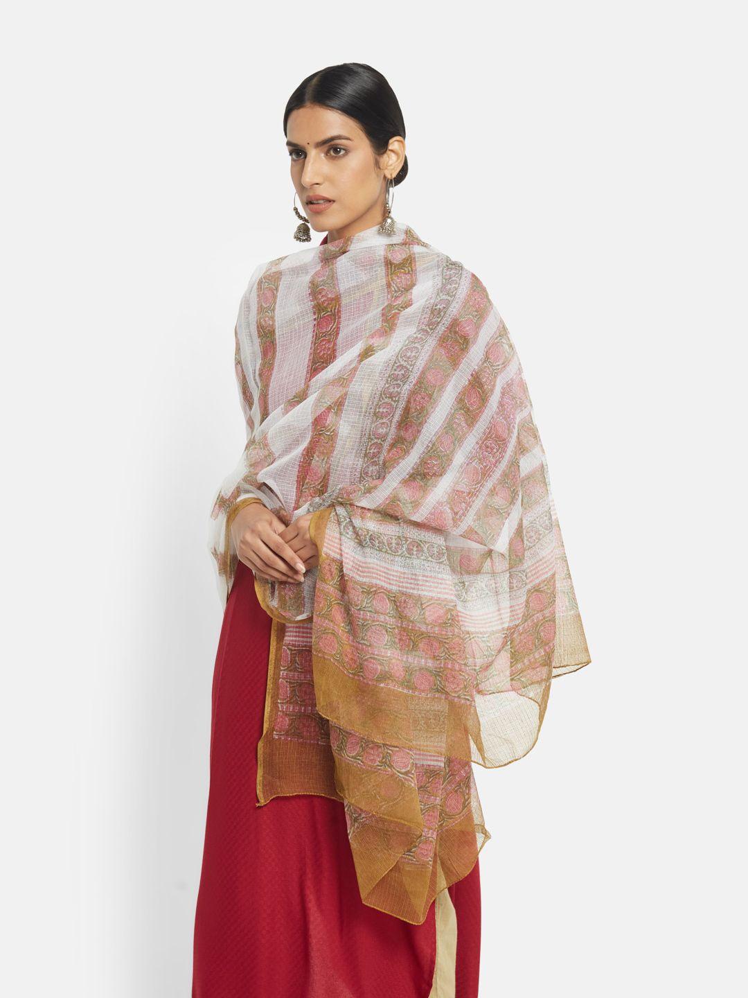 fabindia off white & red printed cotton silk dupatta