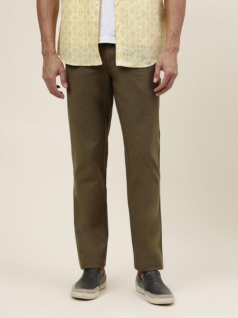 fabindia olive slim fit flat front trousers