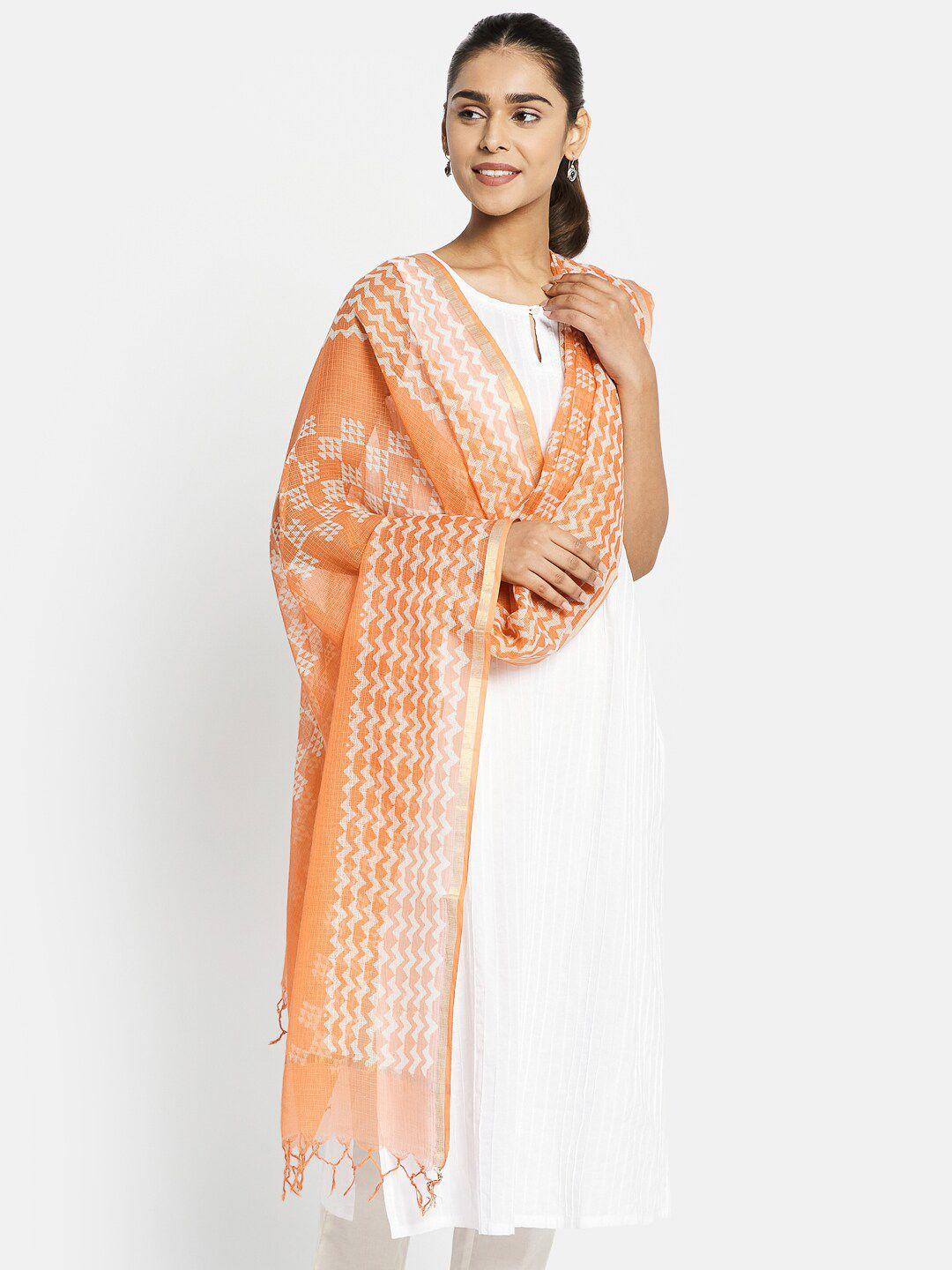 fabindia orange & white printed cotton silk dupatta