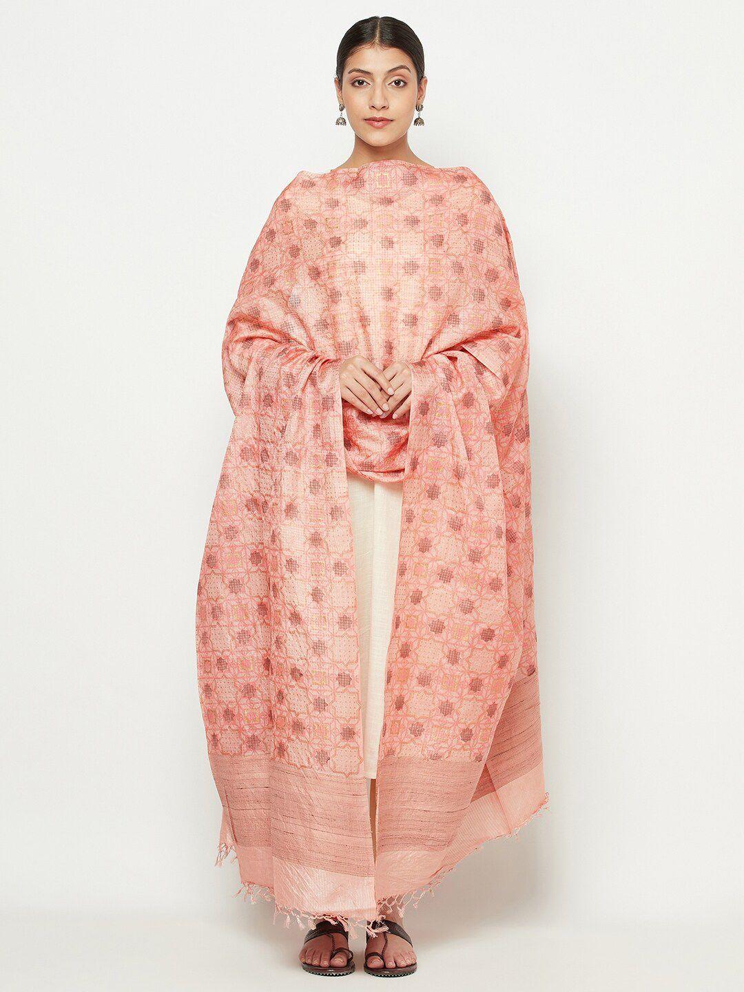 fabindia pink & brown floral printed cotton silk dupatta
